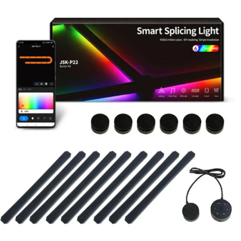 Splicing Light RGB smart wall light kit by Simples Market; black modular bars with controller and app control