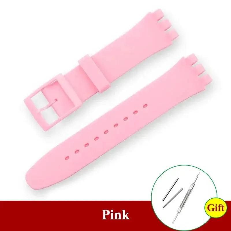 Pink silicone Swatch watch strap, 16–20mm replacement band, 2-piece set with gift tools