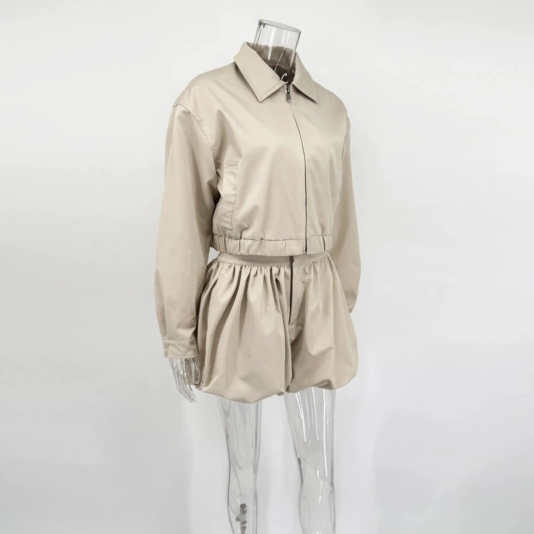 Tuularose Womens Lapel Zip Jacket Two Piece Pleated Shorts Autumn Suit