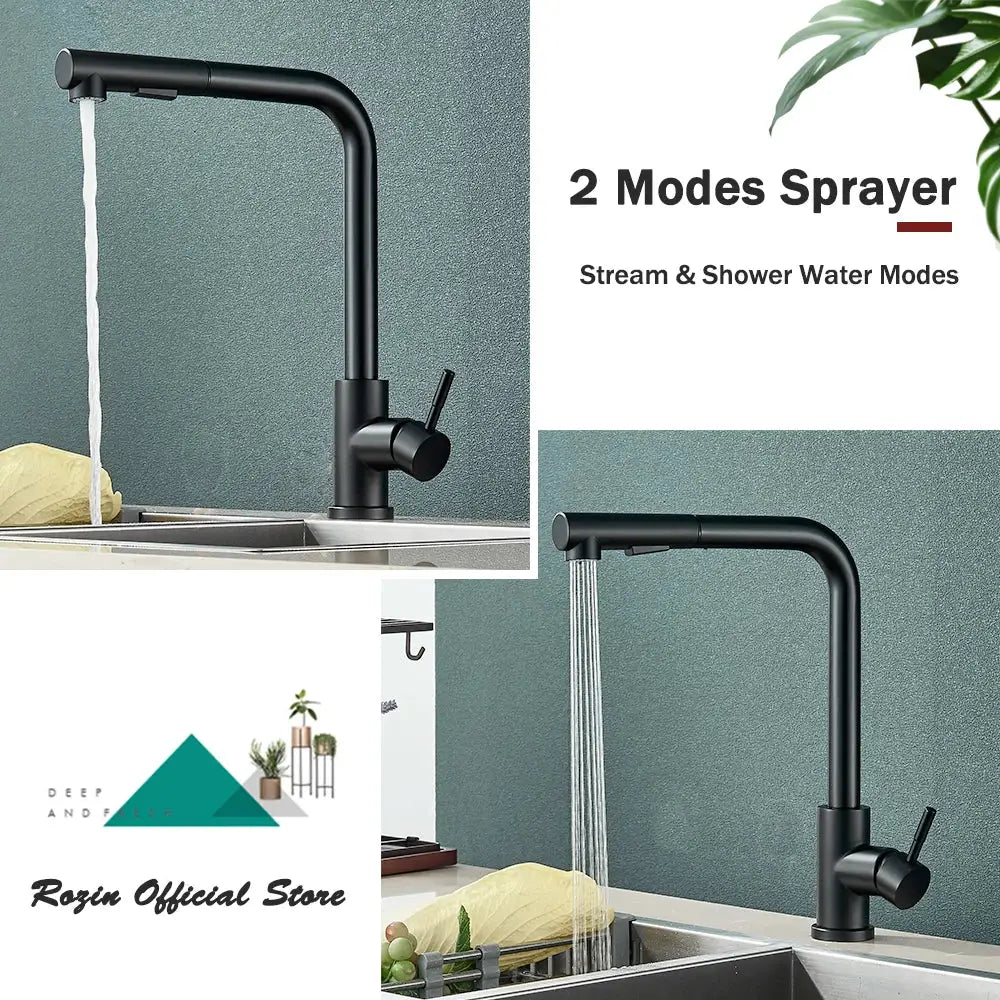Rozin black pull-out kitchen faucet by Simples Market with 2-mode spray, 360° rotation, hot/cold water, SUS304