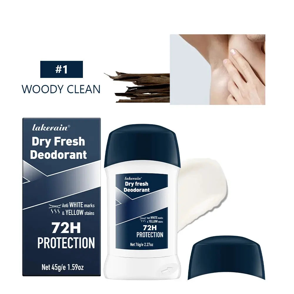 Dry Fresh Deodorant by Lakerain in navy box and white bottle with navy cap, 72H protection