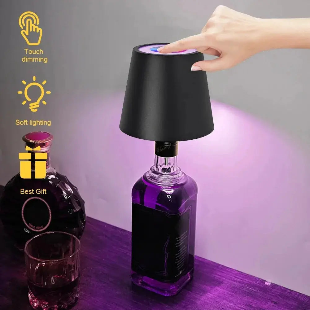 Wireless LED bottle lamp for wine bottles with black shade and purple glow; touch control.