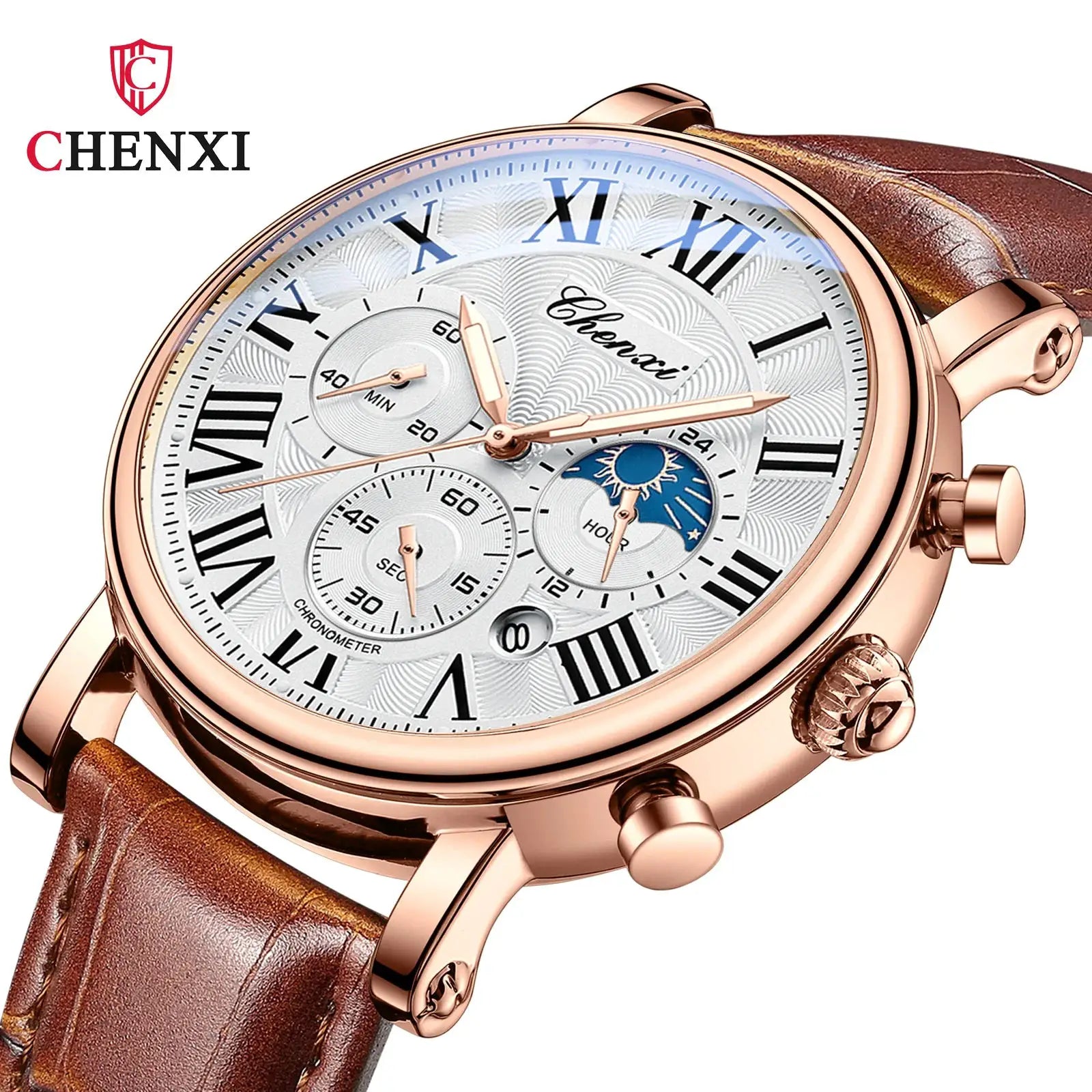 Chenxi 973 Moon Phase Date Analog Mens Wristwatch With Water Resistant Leather Strap And Imported Quartz Movement