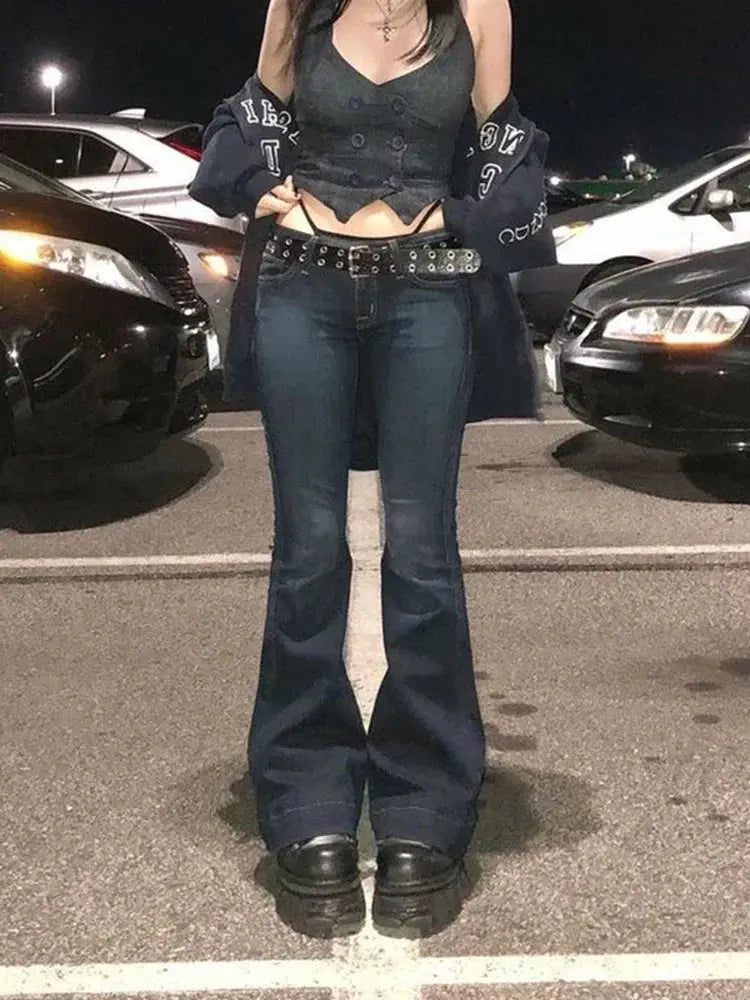 Kalevest Y2K High Street Low Rise Bootcut Jeans For Women In Blue