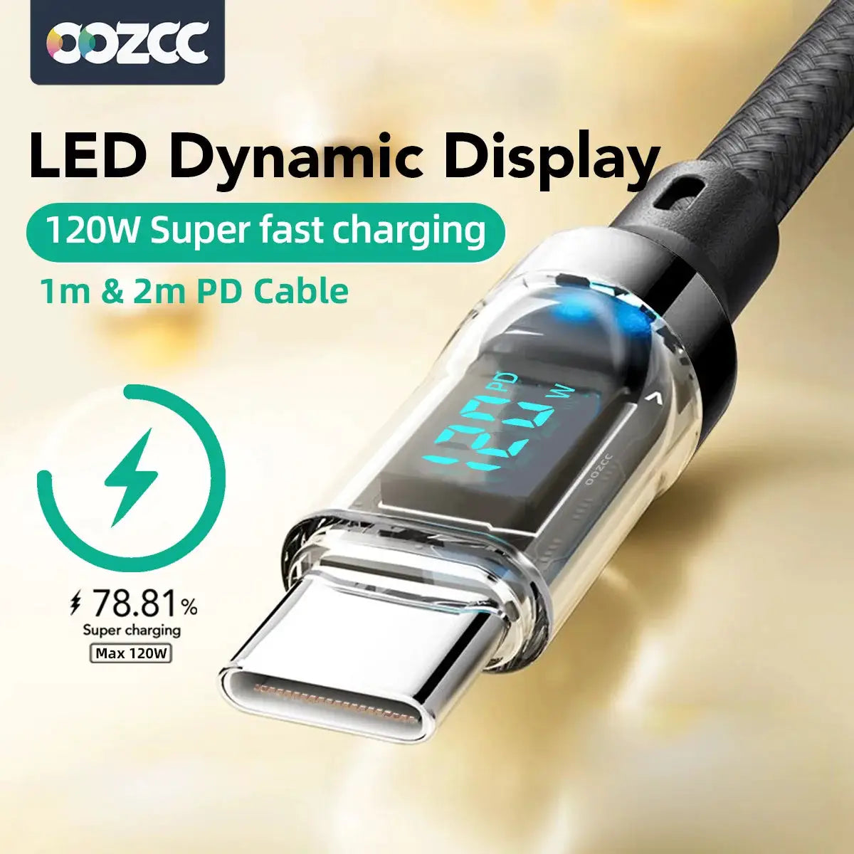 OOZCC LCD Watt Display Cable, 120W fast charging with LED display, 1m & 2m PD USB-C cable