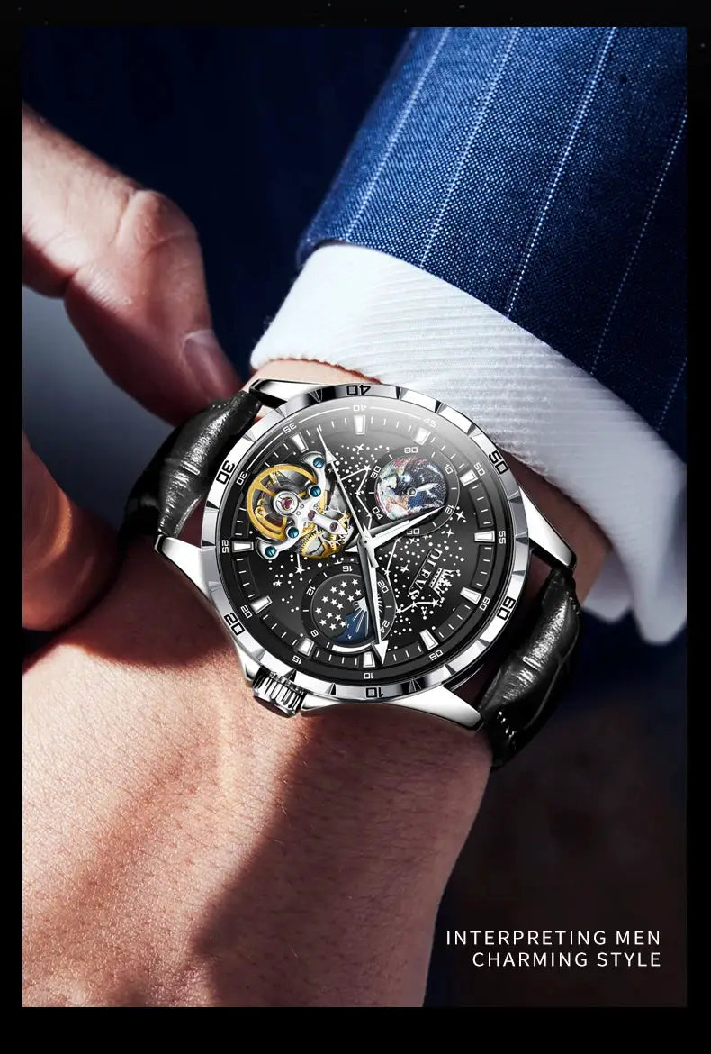 OLEVS flywheel skeleton automatic watch for men with starry-sky dial and black leather strap
