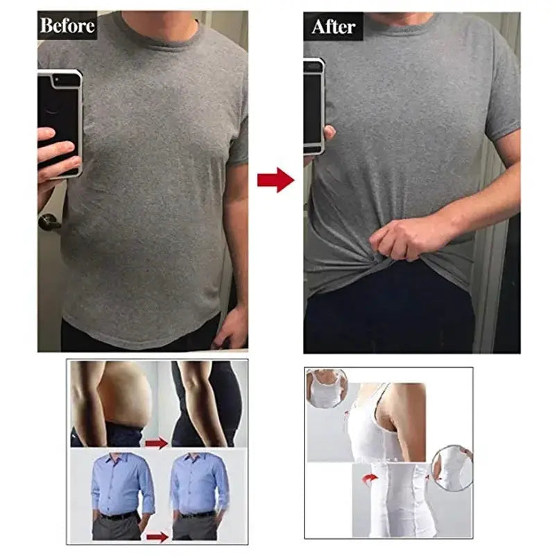 Simples Market men's slimming vest, grey fabric waist trainer with before/after results