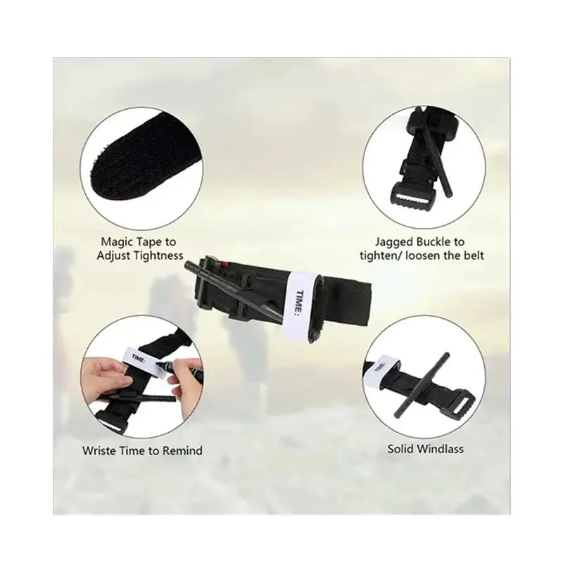 Tourniquet, black tactical survival device with adjustable tape, jagged buckle and windlass