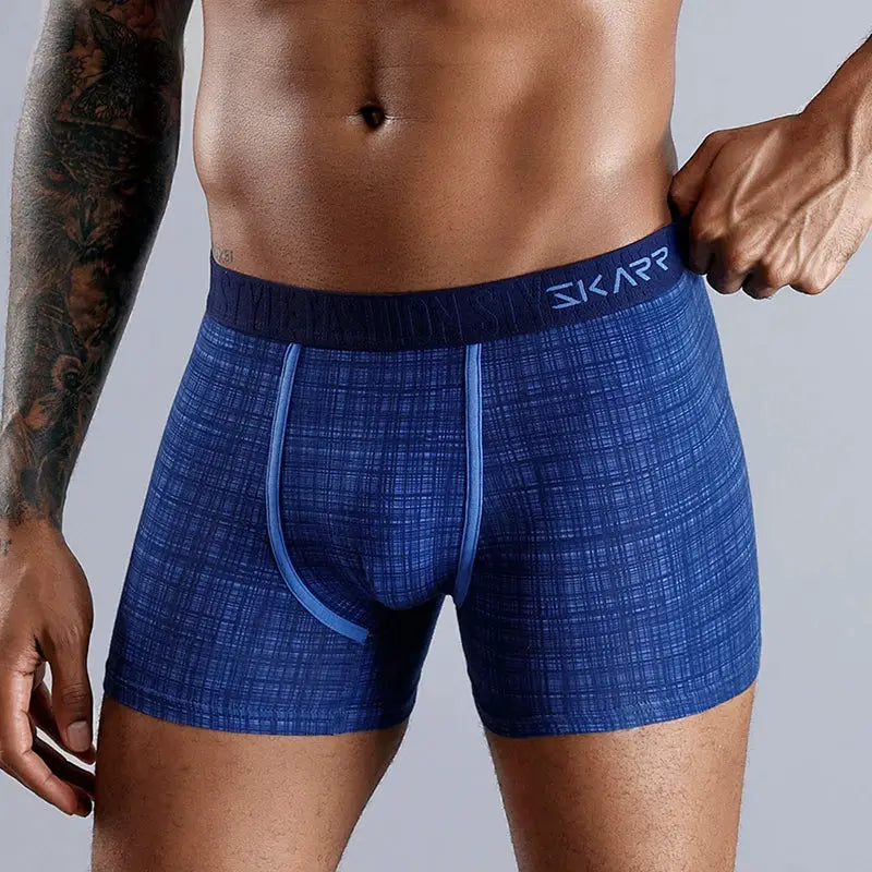 Simples Market men's blue plaid cotton boxer shorts with dark waistband and branded logo