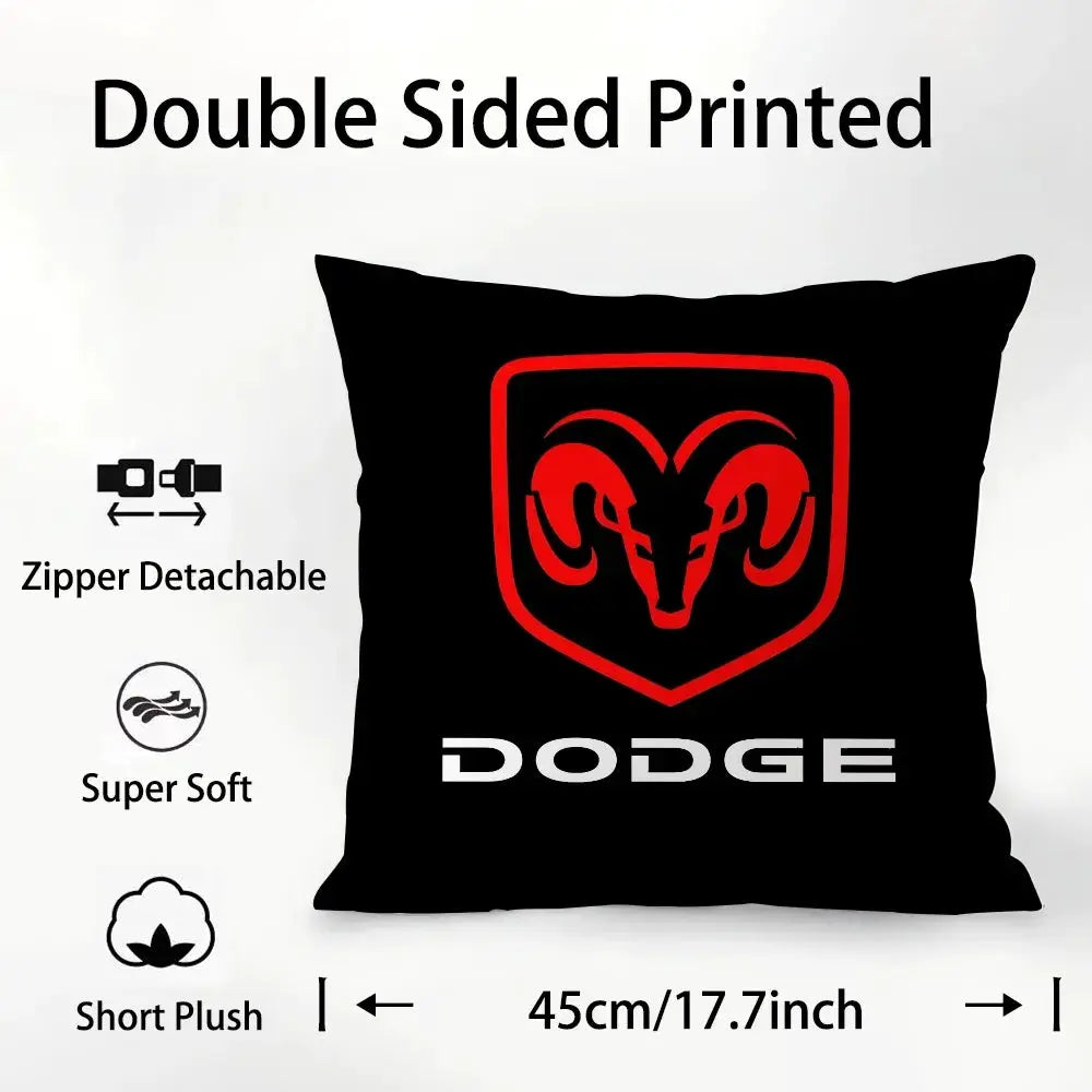 Dodge car logo pillow cover by Simples Market, black plush fabric, double-sided print, 45cm