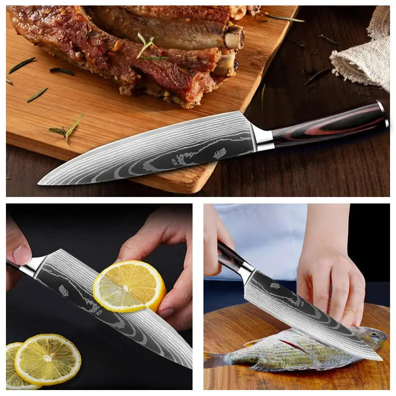 Professional Laser Damascus Kitchen Knife With Wood Handle For Bread Fruit Fish Meat Boning And Slicing
