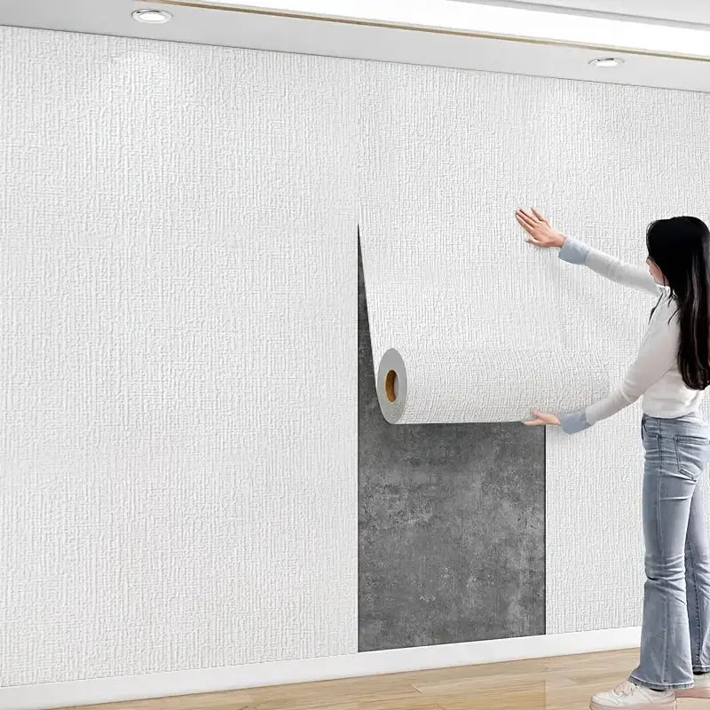 Self-Adhesive 3D Linen Foam Wallpaper by Simples Market in white, moisture-proof wall covering.