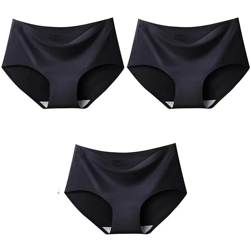 AOTOLK XXL seamless women panties set, 3 pcs, black mid-waist briefs, ice silk breathable underwear.