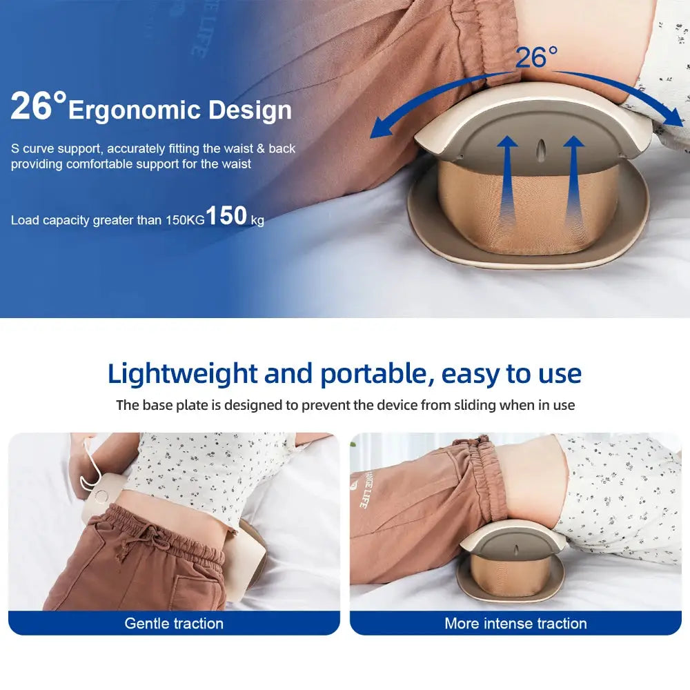 Electric lumbar traction massager by Simples Market, beige ergonomic waist support for back relief.
