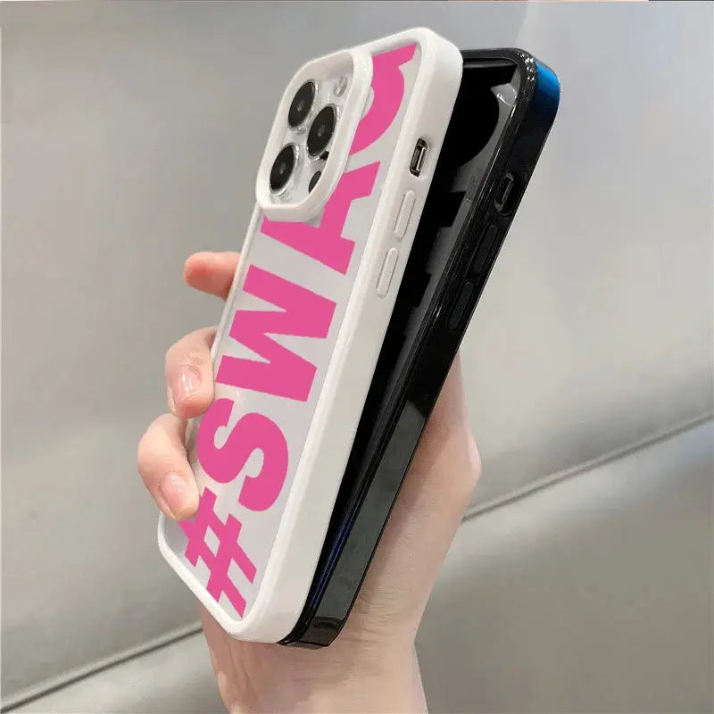 Simples Market SWAG bold-letter phone case for iPhone with white shockproof bumper and pink lettering