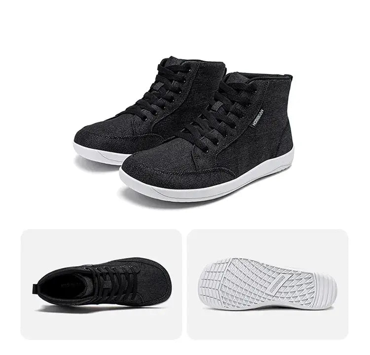 HOBIBEAR mid-top barefoot sneakers pair in black canvas for unisex, wide toe box, white outsole.