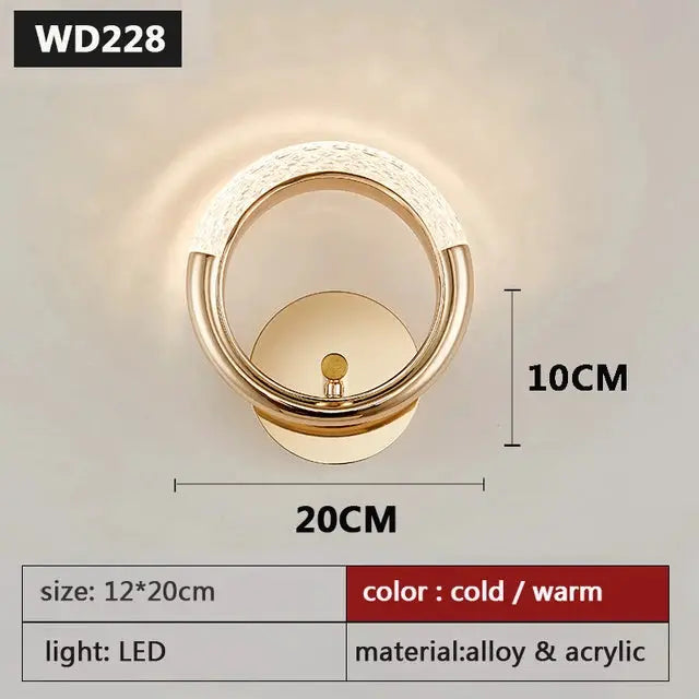 Modern Nordic wall lamp with iron base, gold circular ring, acrylic shade and LED light