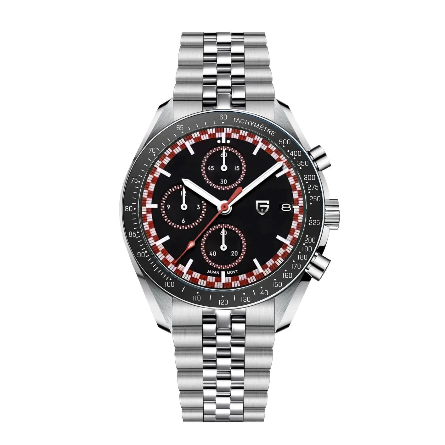 Pagani Design men's chronograph watch with stainless steel bracelet, black dial, red-accent subdials, tachymeter bezel