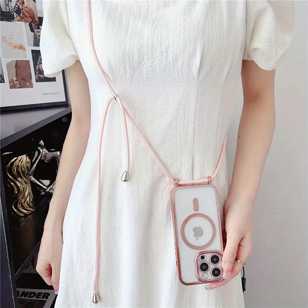 Crossbody lanyard phone case in pink metal frame with MagSafe necklace cord for iPhone