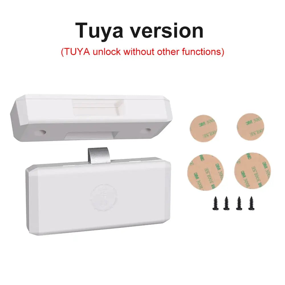 White Tuya smart drawer lock kit with NFC card unlock for file cabinets; includes 4 NFC discs and 4 screws