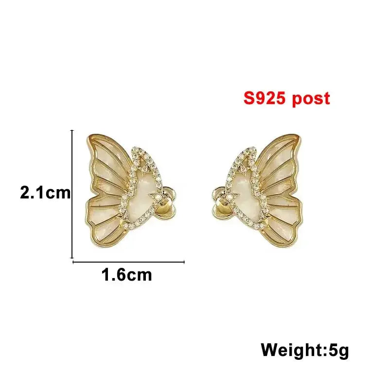 Butterfly earrings, gold-tone with cream enamel wings and rhinestone trim, S925 post pair