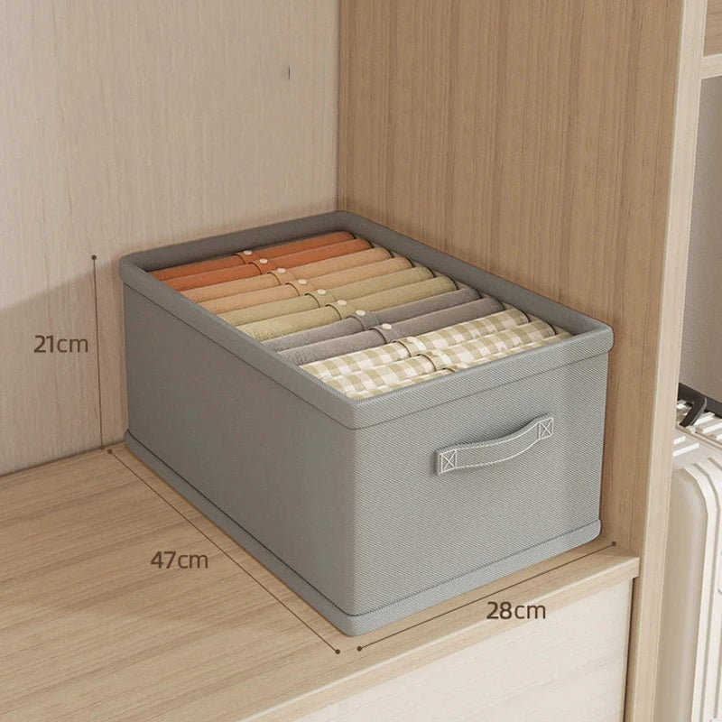 Simples Market grey fabric clothes organizer storage box with front handle on wardrobe shelf
