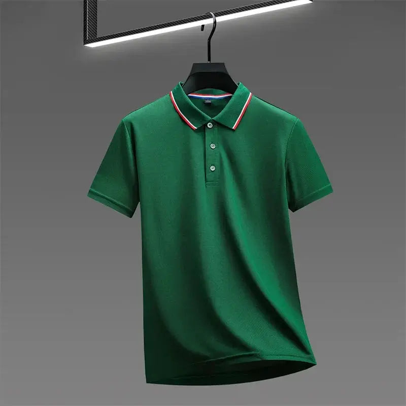 Men's green polo shirt, short sleeves, solid color with striped collar trim on a hanger