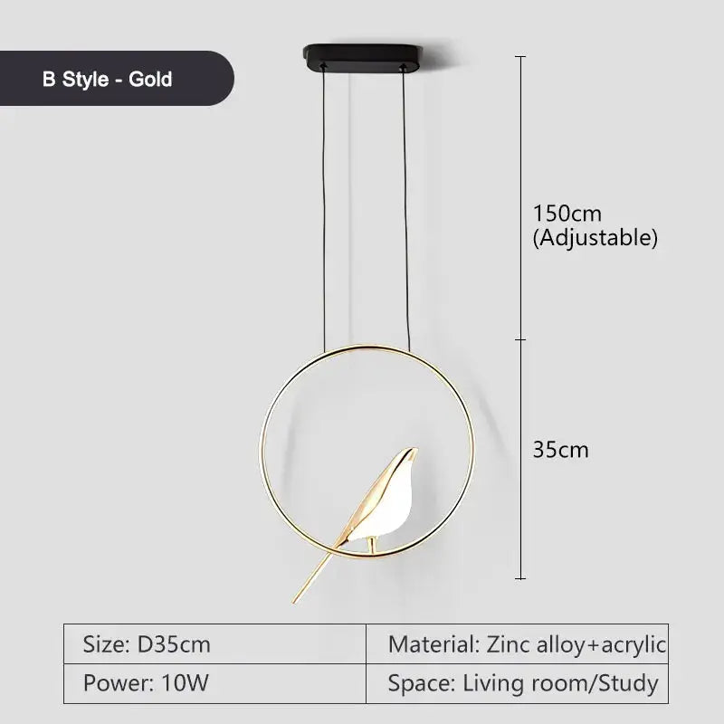Rotatable Magpie Bird LED Pendant Light by Simples Market in gold—circular ring with a white bird, adjustable height.