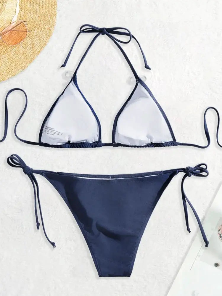 Swimwear thong bikini set navy blue with triangle top and side-tie bottoms, Simples Market