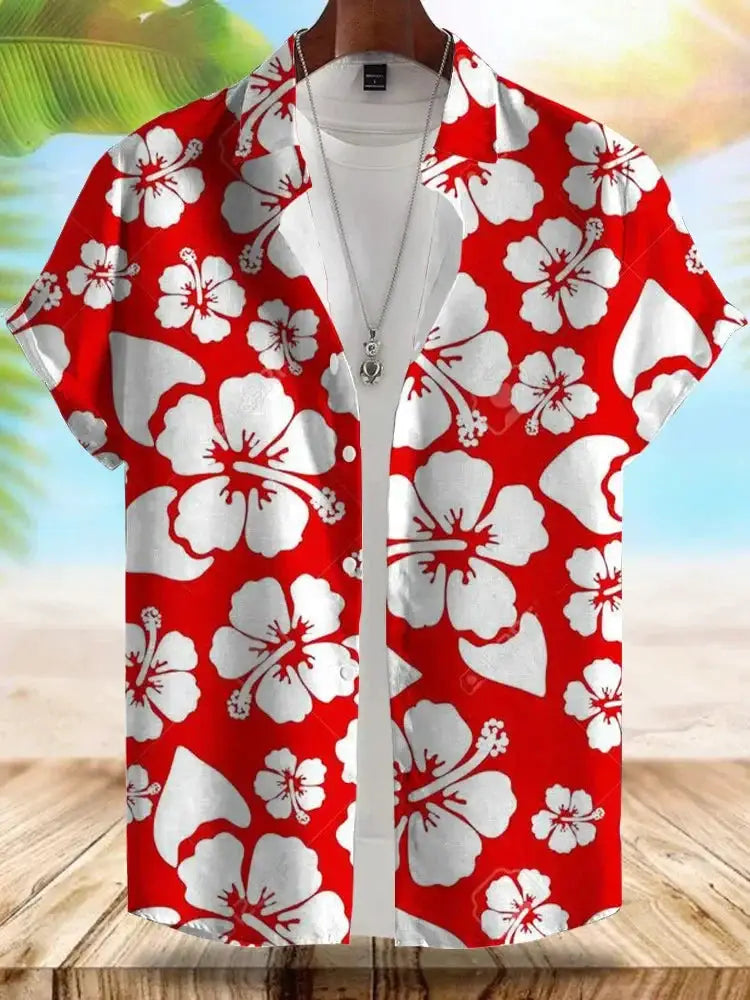 Men's red Hawaiian shirt by Simples Market with white hibiscus print, short-sleeve beachwear.