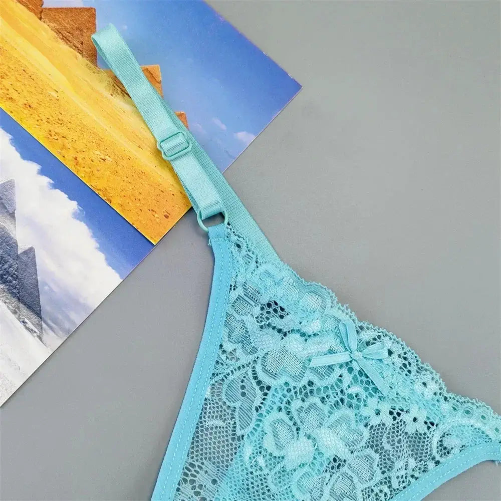 Lace turquoise thong panty with adjustable waistband and T-back design.