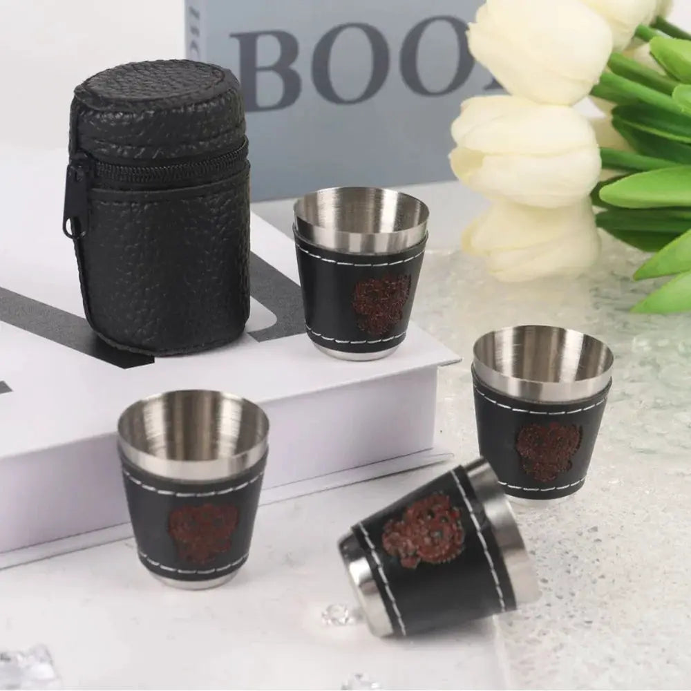 4-piece outdoor travel cups set in black PU leather with stainless steel interiors, includes zippered carrying case.