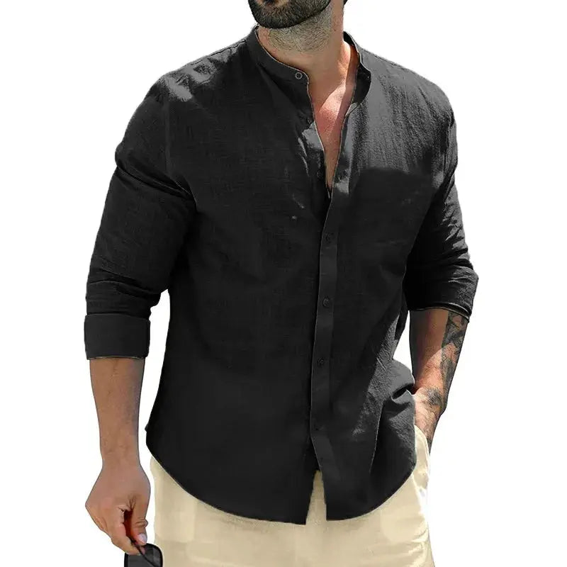 Autumn Mens Long Sleeve Cotton Shirt For Business Casual Solid Color Breathable Streetwear Button Front White