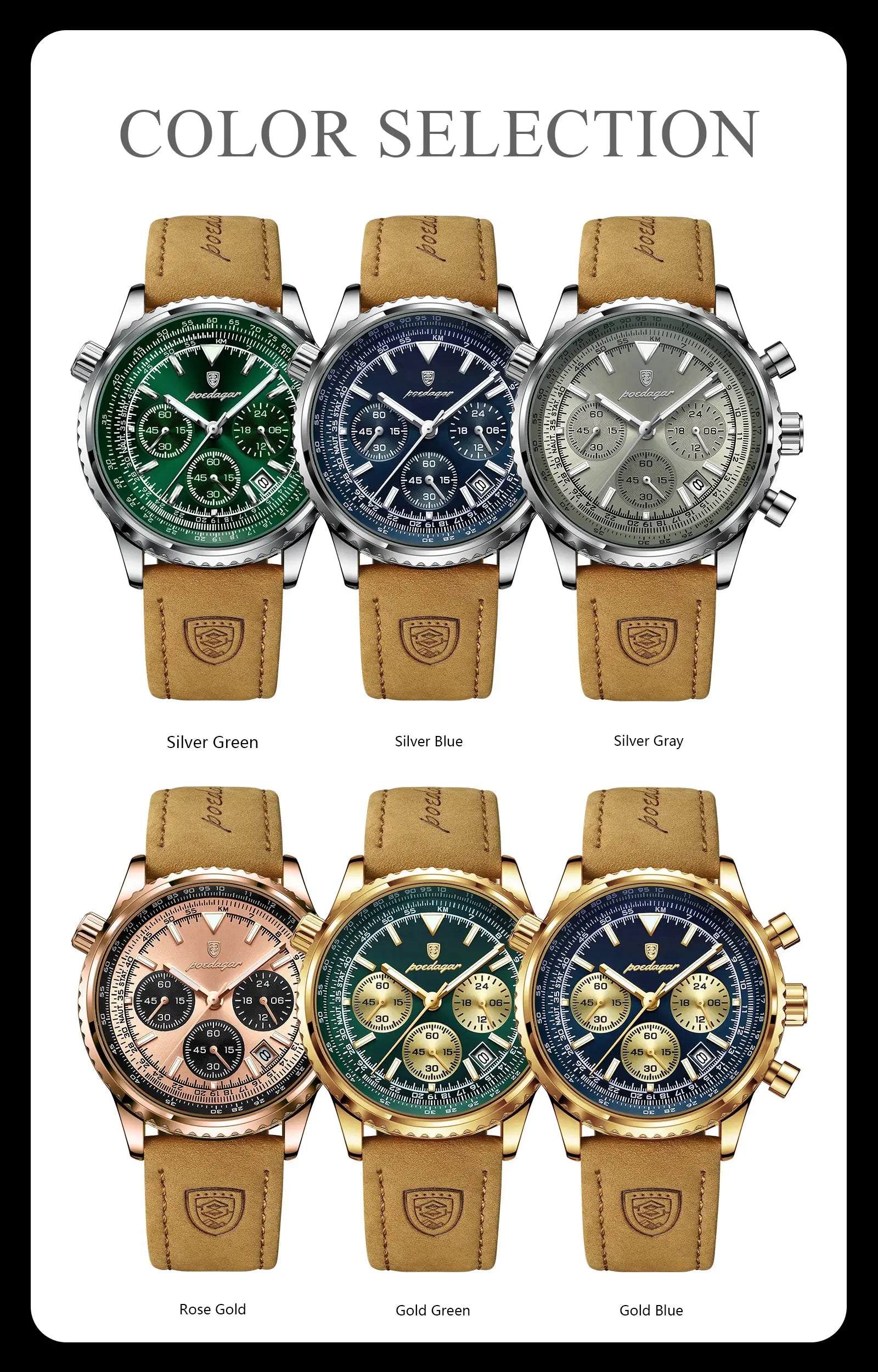 POEDAGAR men’s wristwatches set of 9 color options with leather straps and chronograph dials.