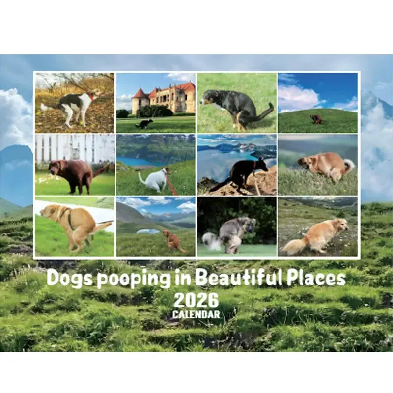 2026 dog calendar collage with 12 dog photos in a grid on a scenic backdrop