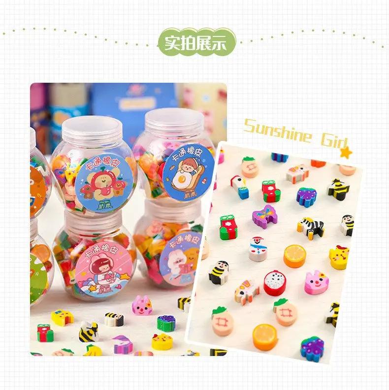 Kawaii animal and fruit erasers set in clear jars, Simples Market, 50/100 pcs, colorful mini pencil erasers for kids