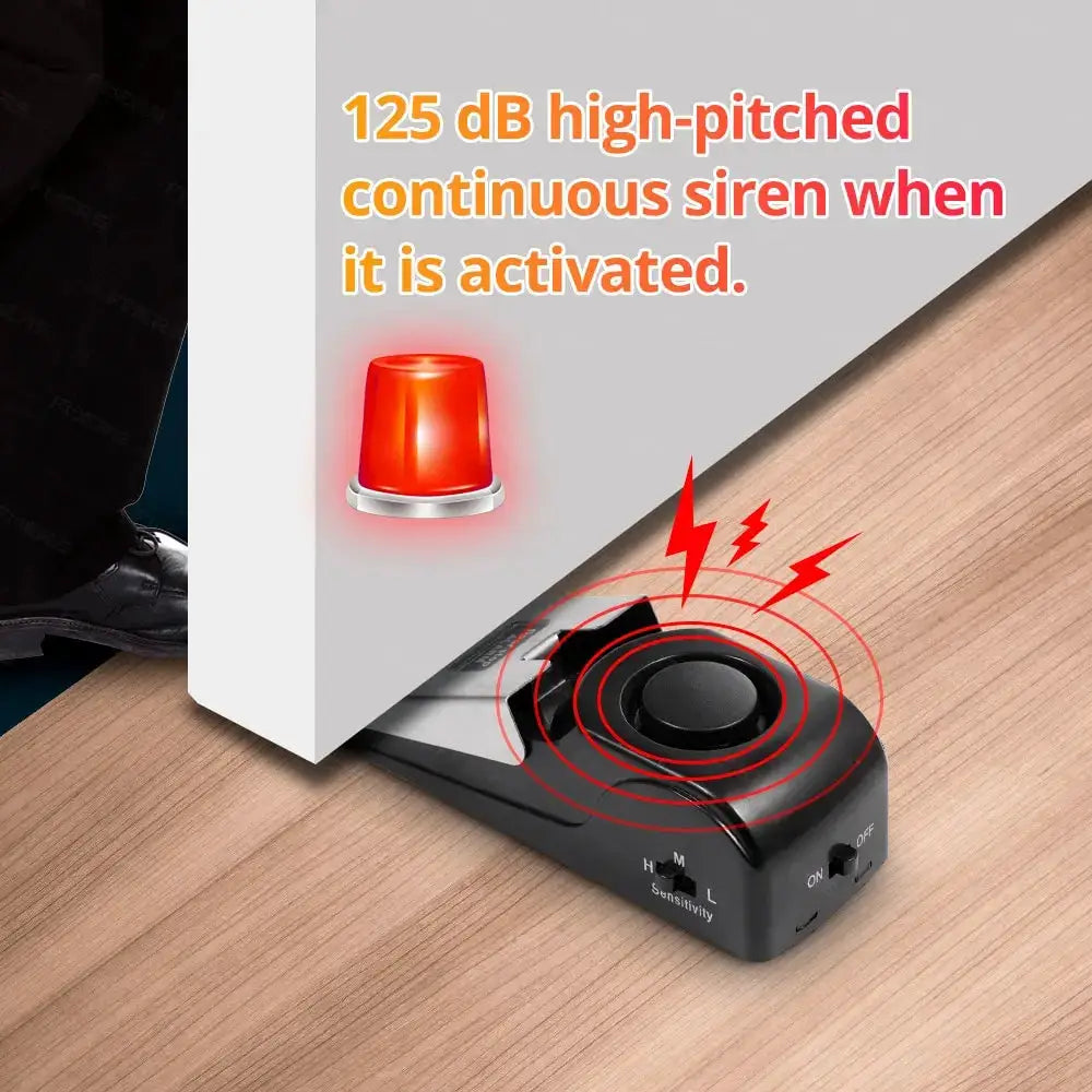 Wireless door stop alarm system, black portable doorstop with 125dB siren