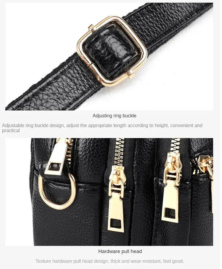 Soft black leather purse by Simples Market with gold-tone hardware; multi-pocket shoulder bag.