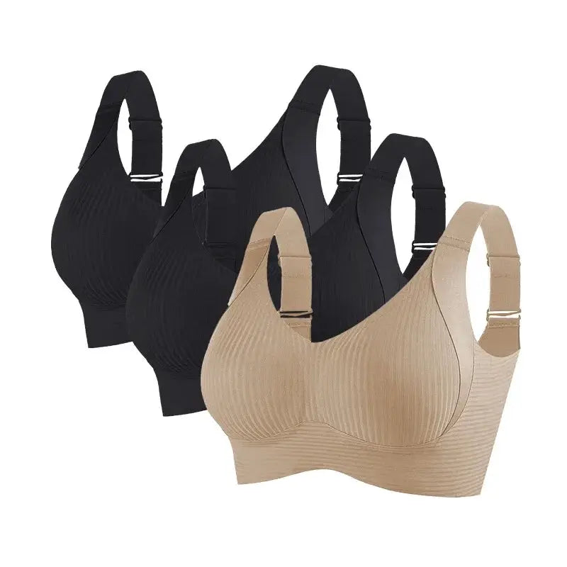 3-pack women's push-up bras, non-wire seamless ribbed V-neck bralettes in black and beige, plus sizes M-4XL