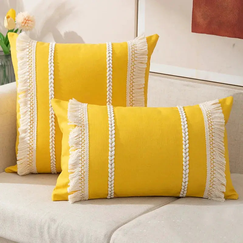 Pillowcase two-pack: Bohemian yellow with white fringe tassels and braided trim