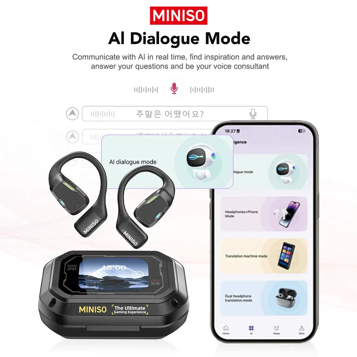 MINISO AI M98 wireless headphones with 2 earbuds and charging case; phone app UI shows AI dialogue mode