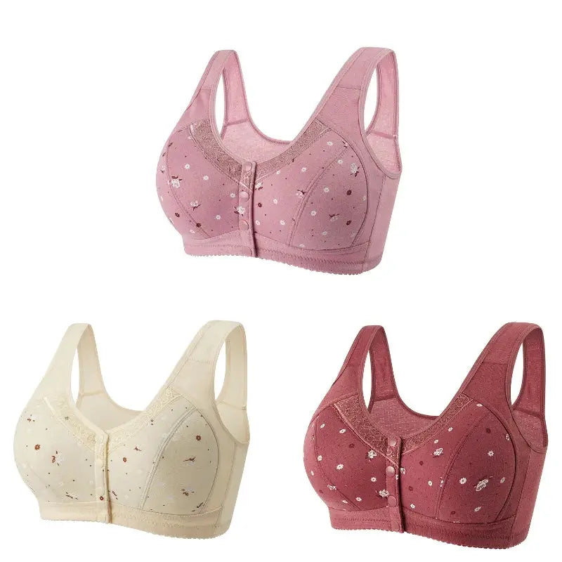 FallSweet 3Pcs Front-Closure Bras by Simples Market; seamless wireless lace bralettes in pink, cream, and burgundy