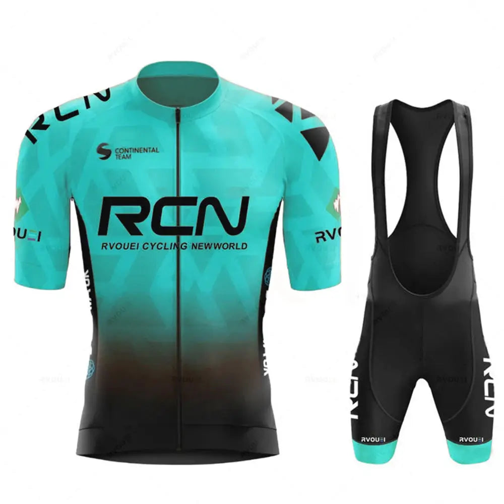 Rvouei 2-piece cycling jersey set with turquoise-to-black gradient top and black bib shorts, breathable road bike kit.