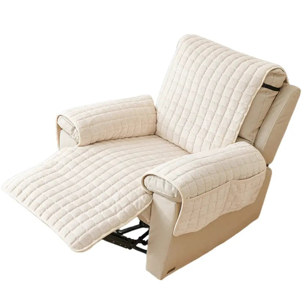 Recliner sofa protector cover in cream plush quilted with armrest pockets, non-slip