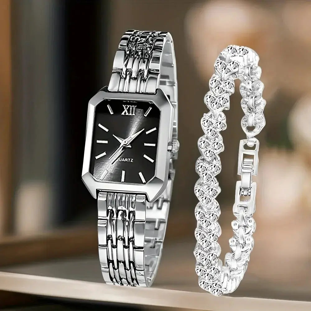 Simples Market 2-piece women's silver-tone rectangle quartz watch and rhinestone bracelet set