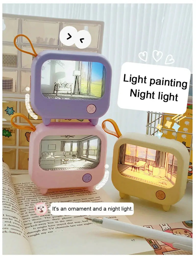 TV painting night light set by Simples Market: three pastel LED mini retro lamps in purple, pink and yellow.