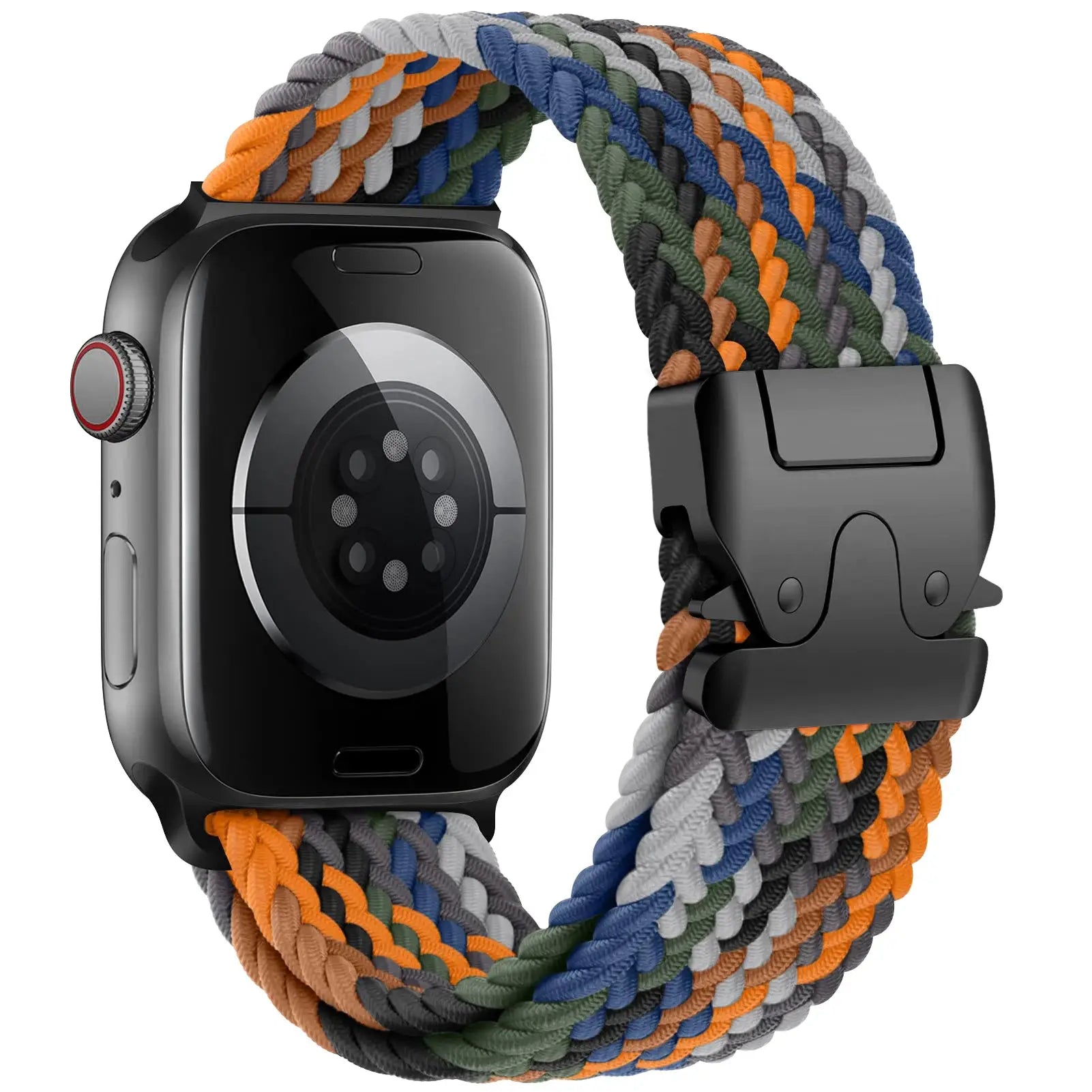 Simples Market parachute braided watch band for Apple Watch; multicolor orange, gray, blue, green mix.
