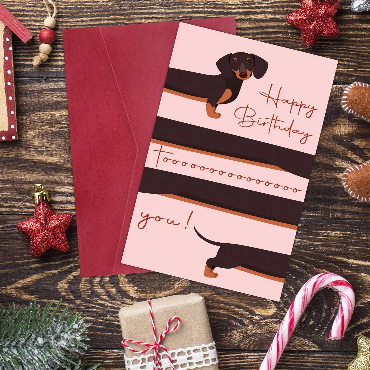 1pc Whimsical dachshund birthday card with envelope, pink and brown design