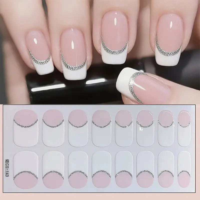 Simples Market full-cover nail stickers set with pink French-tip design and silver glitter crescent border