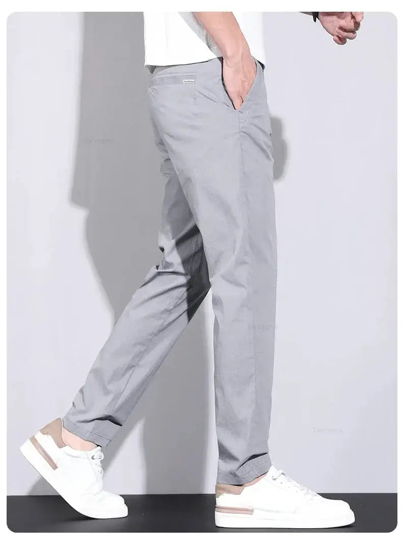 Simples Market ultra-thin elastic men's casual pants in gray ice silk cotton, slim straight fit